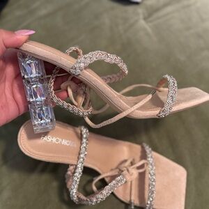 Fashion Nova Tan and Silver Crystal Heels